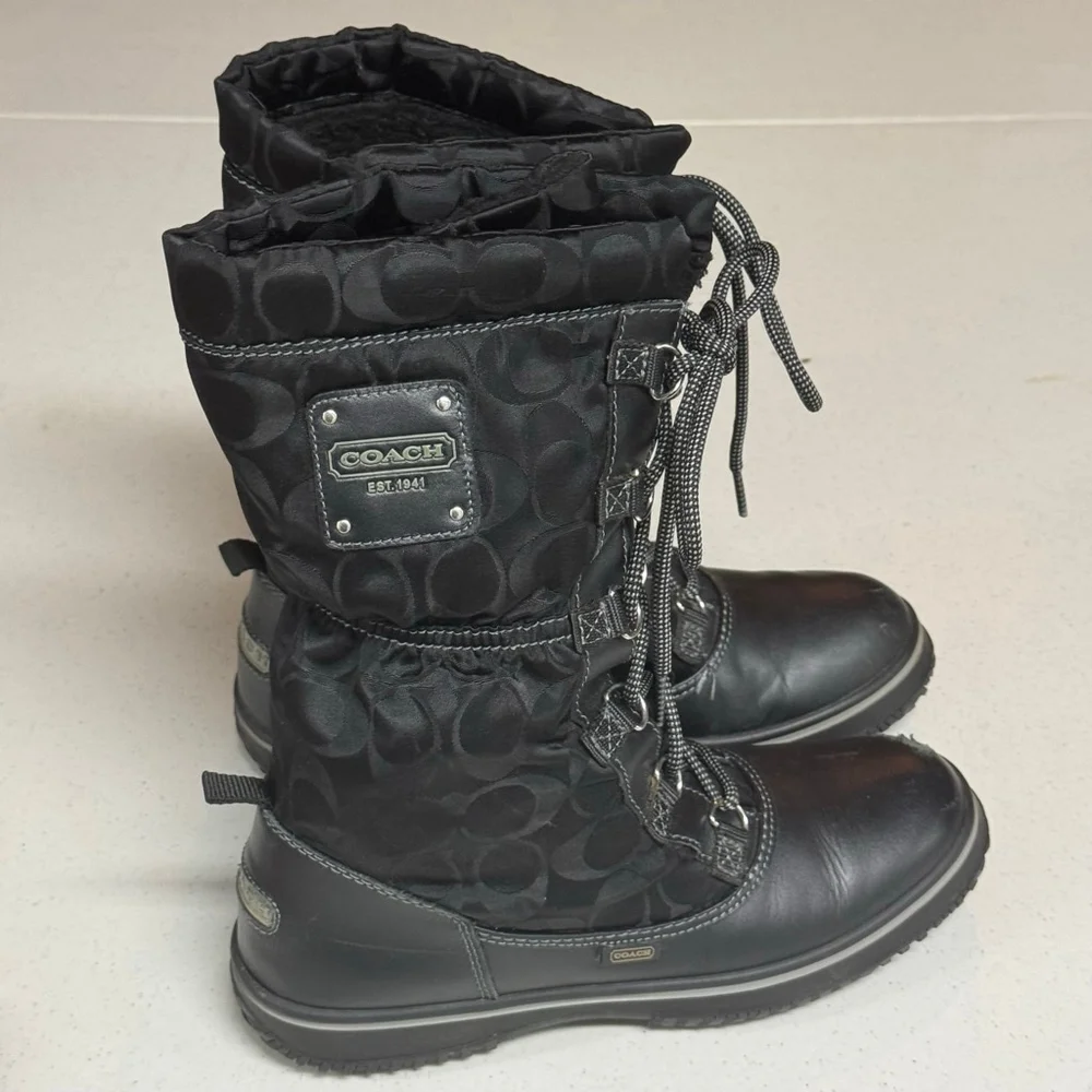 Coach Black Signature Mid-Calf Winter Snow Boots Women’s 7.5B Lace-Up Fabric & L
